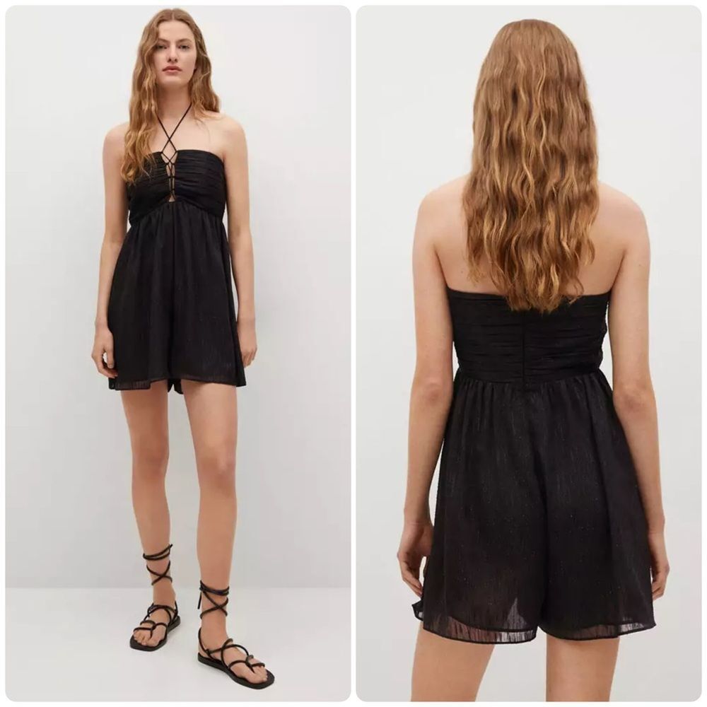 Mango Black Metallic Pleated Halter Playsuit Romper Women Large Dressy One Piece
